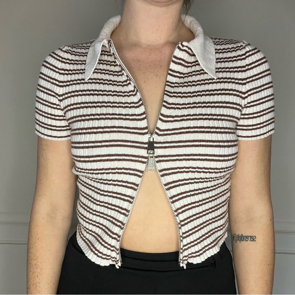 Brown and White Stripped Zipper Top